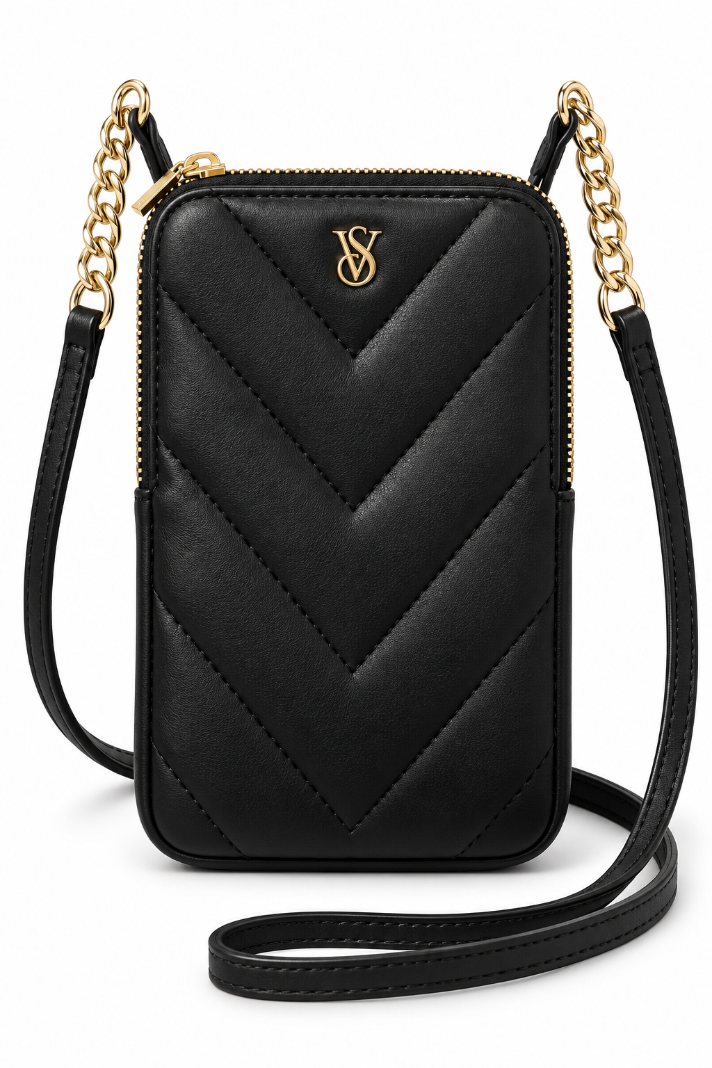 Portacelular Victoria’s Secret negro acolchado, vista frontal